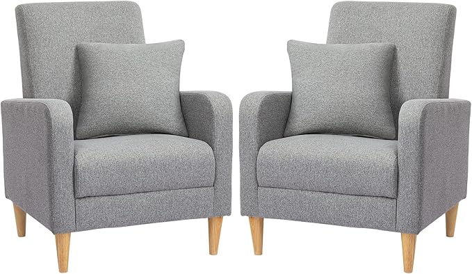 COLAMY Modern Accent Living Room Chairs Set of 2 Upholstered Fabric Armchair Reading Side Chair Single Sofa with Back Pillow Light Grey