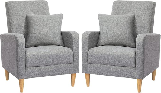 COLAMY Modern Accent Living Room Chairs Set of 2 Upholstered Fabric Armchair Reading Side Chair Single Sofa with Back Pillow Light Grey
