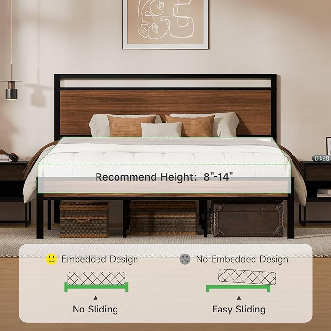 Z-hom King Metal Bed Frame with Wooden Headboard and Footboard Heavy Duty Platform Frame with Metal Slats No Box Spring Needed Quiet and Non-Slip Design Space Saving Bed Frame for BedroomWalnut