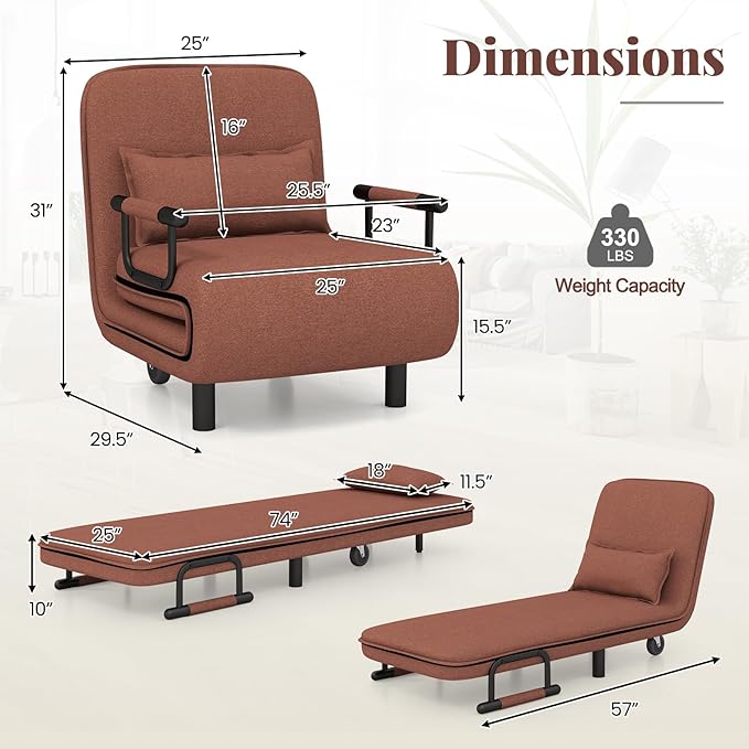 Giantex Convertible Sofa Bed 3-in-1 Folding Sleeper Chair with 5-Position Adjustable Backrest Wheels 2 Legs Recliner Chaise Lounge with Pillow Armchairs for Nursery Living Room Office (Brown)