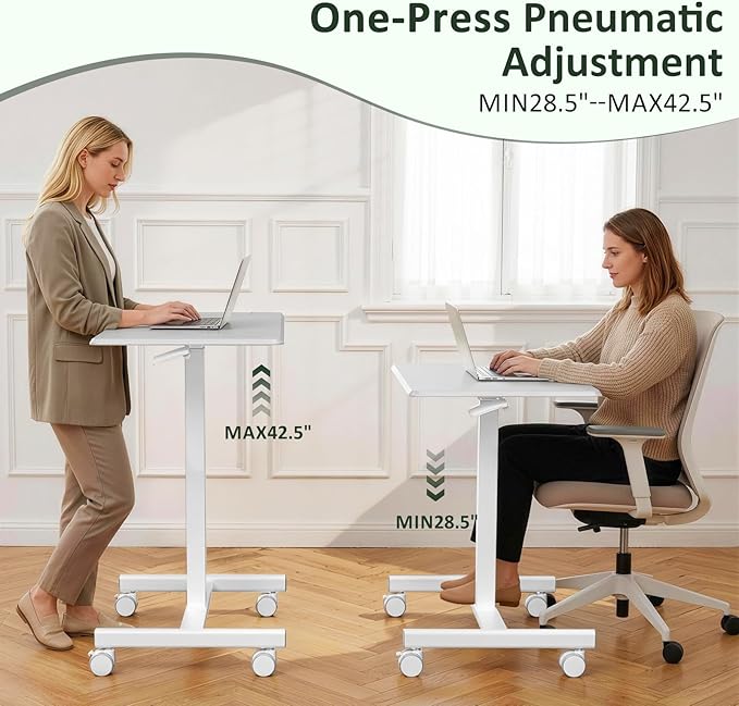 Mobile Standing Desk Adjustable Height Rolling Sit-Stand Laptop Desk with Lockable Casters Portable Compact Computer Table for Home Office Dorm White