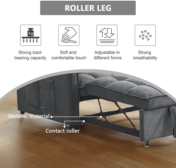54 Convertible Sofa Bed Velvet Sleeper Sofa with Pull-Out Bed 3-in-1 Futon Couch with Reclining Backrest and Side Pocket Modern Loveseat for Living Room (Medium Grey)