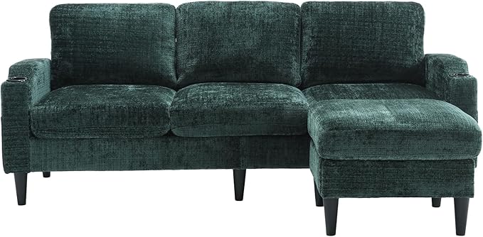 3 Seater Sectional Couch L Shaped Modular Couch with Solid Wood Frame Small Sofa with Storage Ottoman &amp Cup Holder &amp Side Pocket for Apartment Game Room Dormitory Room (Emerald)