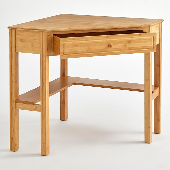 Ellen Bamboo Wood Small Corner Desk with Storage Drawer and Shelf – Compact Computer Table for Home Office Bedroom or Study Bamboo Natural Finish