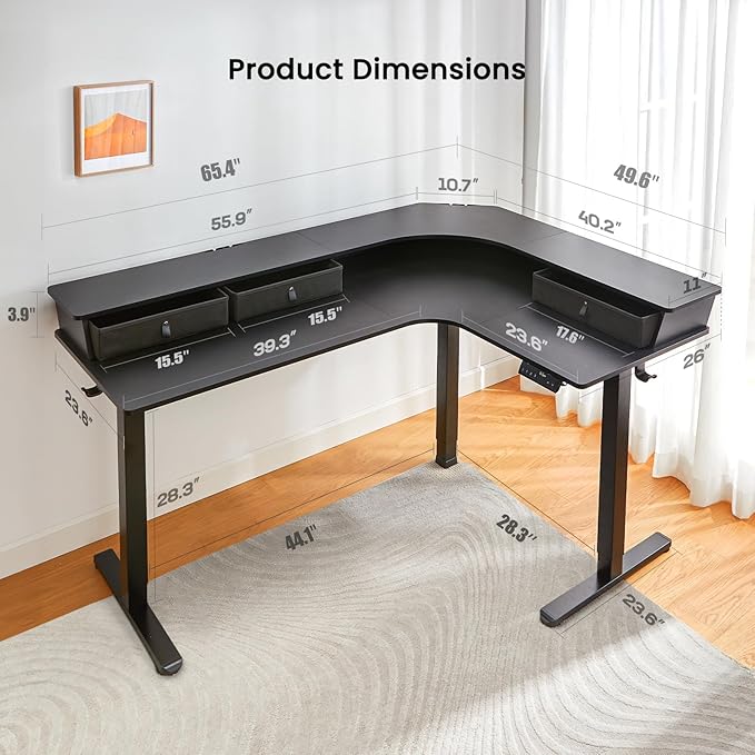 ErGear Electric L Shaped Standing Desk 65'' Height Adjustable Corner Stand up Desk with Storage Drawers &amp Cable Management Trays Modern Home Office Computer Workstation Black