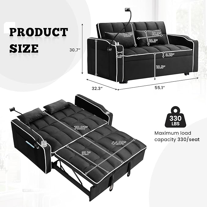 TTK 3-in-1 Convertible Velvet Sleeper Sofa Bed Pull-Out Loveseat with Adjustable Backrest USB Port &amp 2 Pillows Swivel Phone Stand &amp Storage Pockets Modern Futon Couch for Living Room Blac