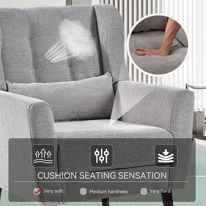 Modern Accent Chair Upholstered Armchair with Pillow Fabric Single Sofa Chair with Lounge Seat Solid Wood Legs Accent Chair for Living Room Bedroom Small Spaces (Grey)
