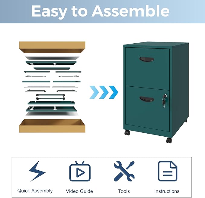 2 Drawer File Cabinet with Lock Filing Cabinets with Wheels Rolling File Cabinets for Home Office Metal Office File Cabinet Mobile Filing Cabinet for Holding Letters and File Boxes Green