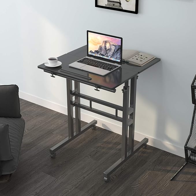 DlandHome Mobile Standing Desk Stand Up Rolling Desk Stand Sit Computer Desk Adjustable Standing Desk 23.6inches Table Workstation Mobile Cart Tray Black