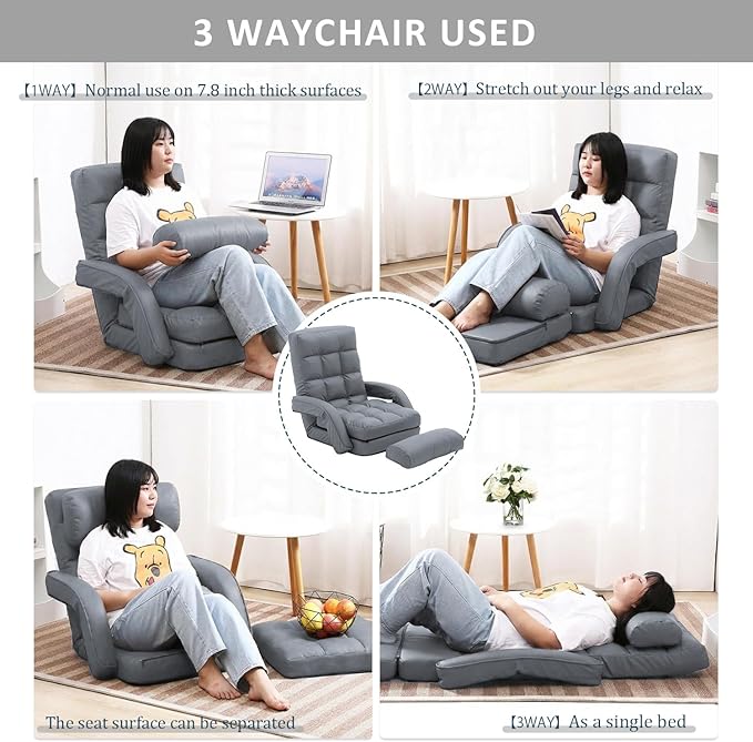 FLOGUOR 14-Position Adjustable Floor Chair Chaise Lounge Indoor Folding Lazy Sofa with Armrests and a Pillow Padded Adults Gaming Chairs for Living Room Bedroom Factory Price8803 (Grey（PU）)