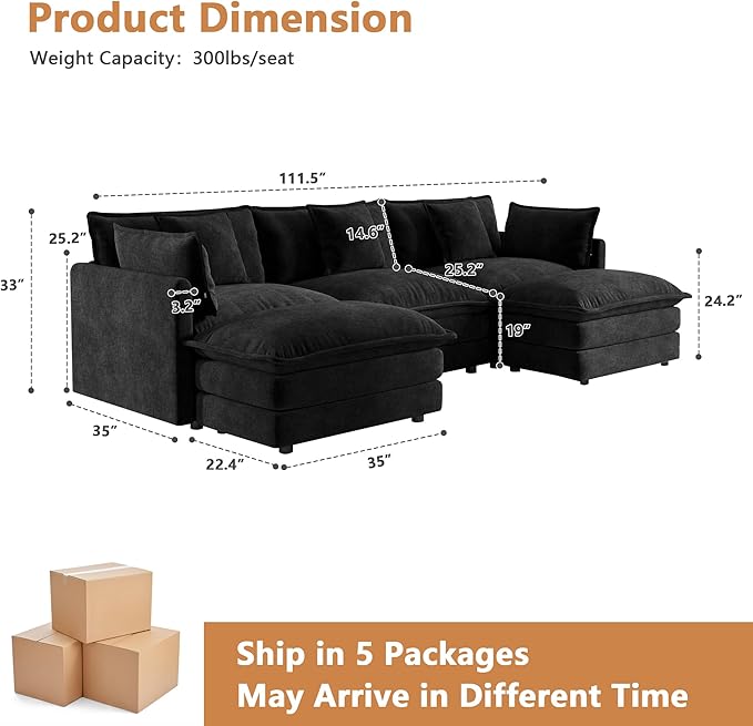Setawix Modern Modular Sectional Sofa 111.5 Upholstered Chenille 3-Seater with 2 Movable Ottomans Comfy U-Shaped Sofa Oversized Deep Seat Cloud Couch with 5 Pillows for Living Room Black