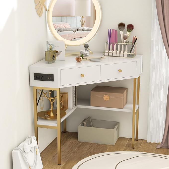 Giantex Corner Desk with Charging Station 90 Degree Triangle Computer Desk with 2 Drawers &amp Storage Shelf L-Shaped Writing Desk Makeup Vanity Table Compact Corner Desk for Small Spaces (White)