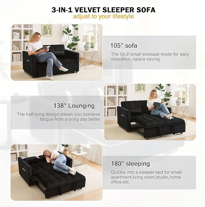 54 Convertible 3 in 1 Sofa Bed | Pull Out Sleeper Couch for Living Room | Foldable Loveseat Sleeper Sofa Bed | Space Saving Design for Apartment and Bedroom (Black)