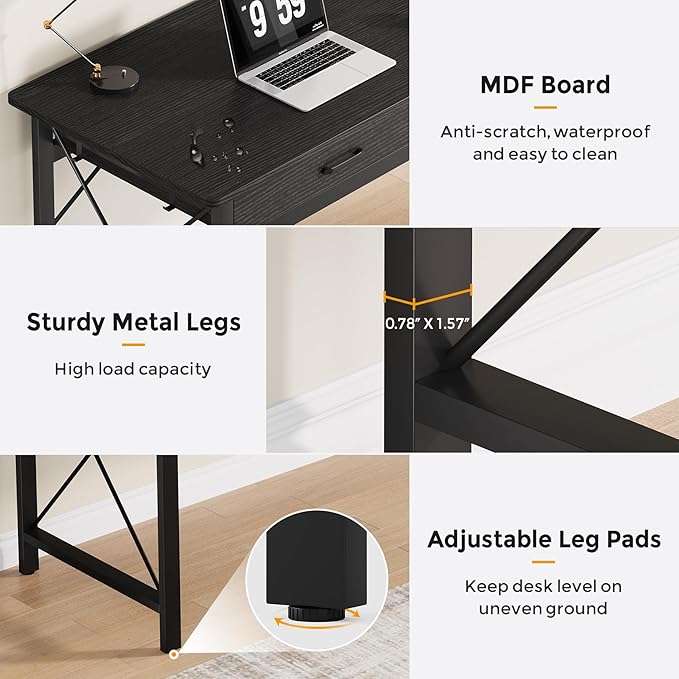 78.7 inch Extra Long Computer Desk with 3 Drawers Two Person Office Desk Double Desk with Hooks Modern Industrial Writing Study Table Workstation for Home Office Black