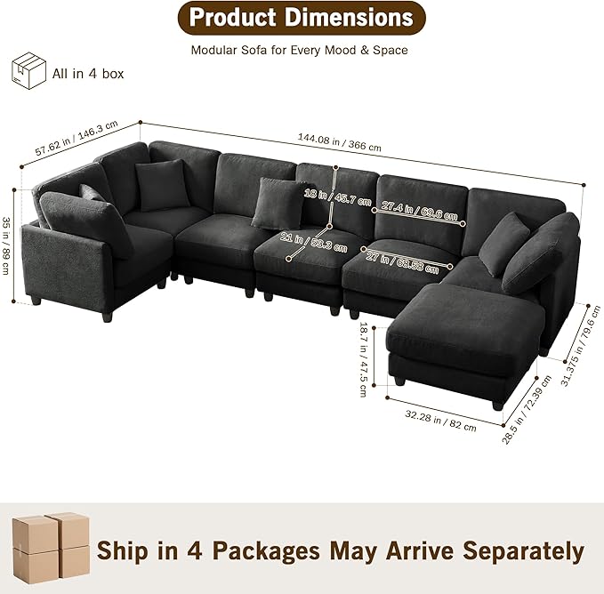Modular Sectional Sofa Oversized Chenille Cloud Couch with Movable Ottoman 7 Seater Cloud Sectional Couch Convertible L/U-Shape and Sofa Bed Couches for Living Room Black