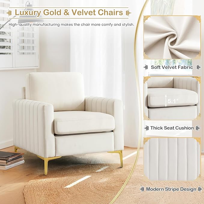 SLEERWAY Tufted Velvet Accent Chair Mid Century Modern Comfy Living Room Furniture Set Bedroom Club Lounge Reading 5.5 inch Cushioned Golden Legs (Beige Single Sofa Chair)