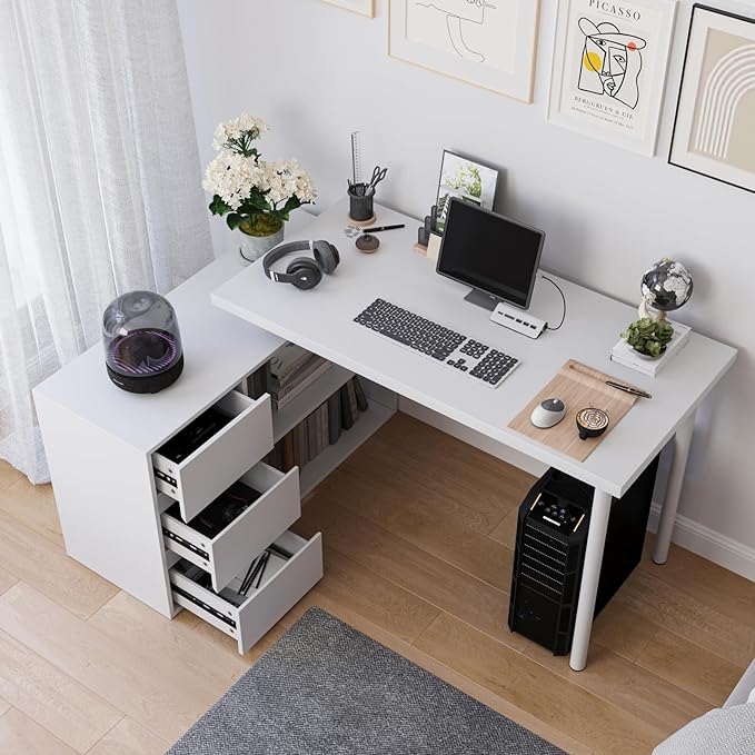 L Shape Computer Desk with 3 Drawers and 2 Shelves Home Office Desk Corner Small Desk with Storage Cabinet for Writing Study Executive – White