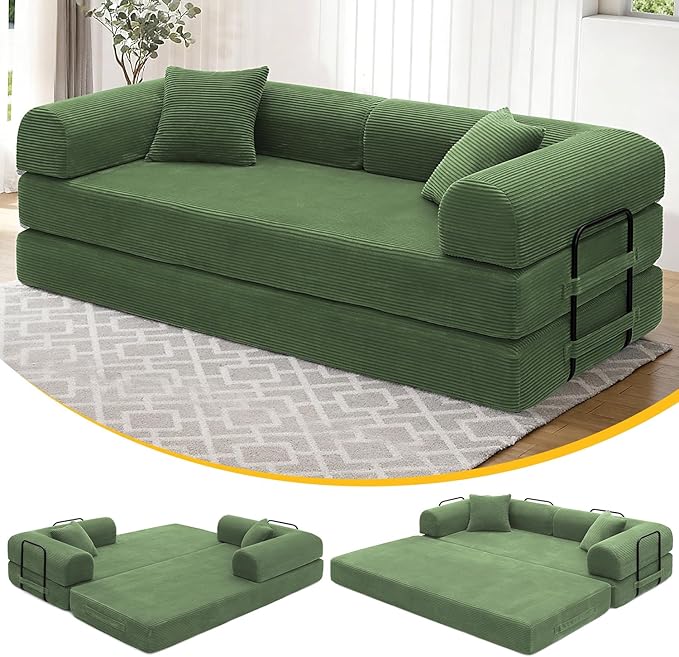 Convertible Sleeper Sofa Bed 1600lbs Weight Capacity Floor Sofa Bed with Fixed-Shape Frame Corduroy Foldable Couch for Small Space Lounge Mattress for Living Room Apartment Game Room (Dark Green)