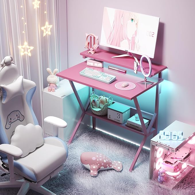 COTUBLR Small Desk 27.5 Inch Small Computer Desk for Spaces Computer Desks with Adjustable Monitor Stand Compact Desks with Storage Tiny Study Table for Bedroom Home Office Pink