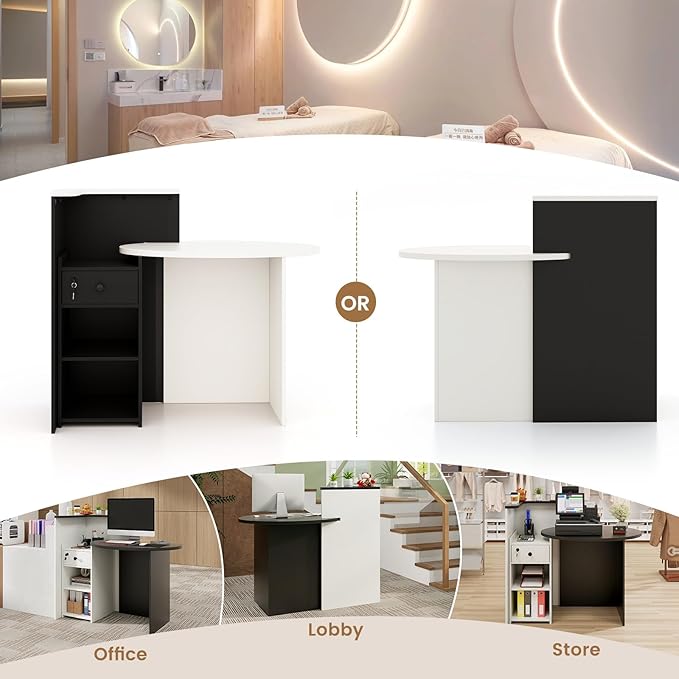 Reception Desk Small Retail Checkout Counter with Lockable Drawer and Open Shelves Wooden Computer Workstation for Home Office Lobby White Oval Desktop &amp Black Counter