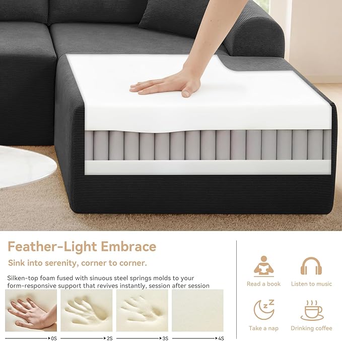 103 Modular Sectional Sofa with Chaise Cloud Sectional Couch with Deep Seat Modular L-Shape Sofa Corduroy Boneless Couch for Living RoomBedroomNo Assembly Required(Dgray Right Facing Chaise)