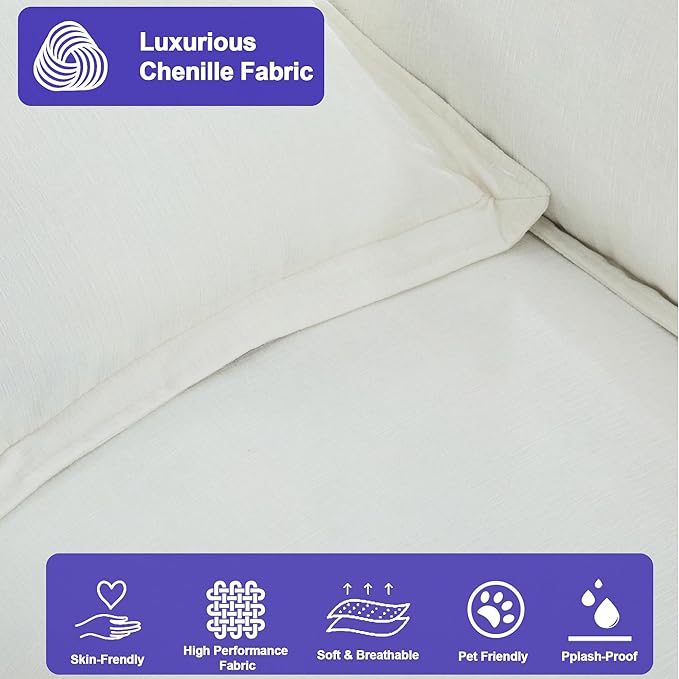112 Inch Cream White Cloud Sectional Couch - Wide Pillow Edge Chenille Comfy Upholstered 3 Seater Modular Sofa with Ottoman L Shaped Couches for Living Room Apartment Office
