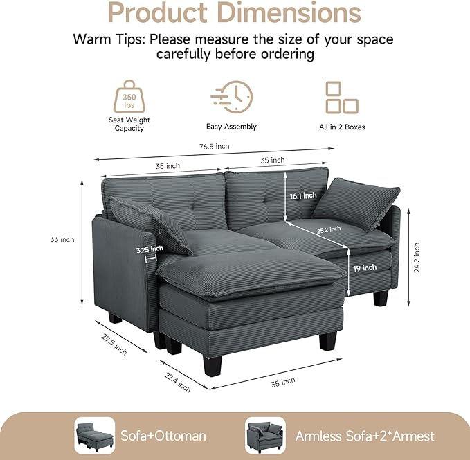 Modular Sectional Sofa 76.5 L-Shaped Corduroy Comfy Sectional Couches for Living Room 2-Seater Cloud Couches with 1 Movable Ottoman Flexible Combination Modern Deep Seat Sofa (Grey)
