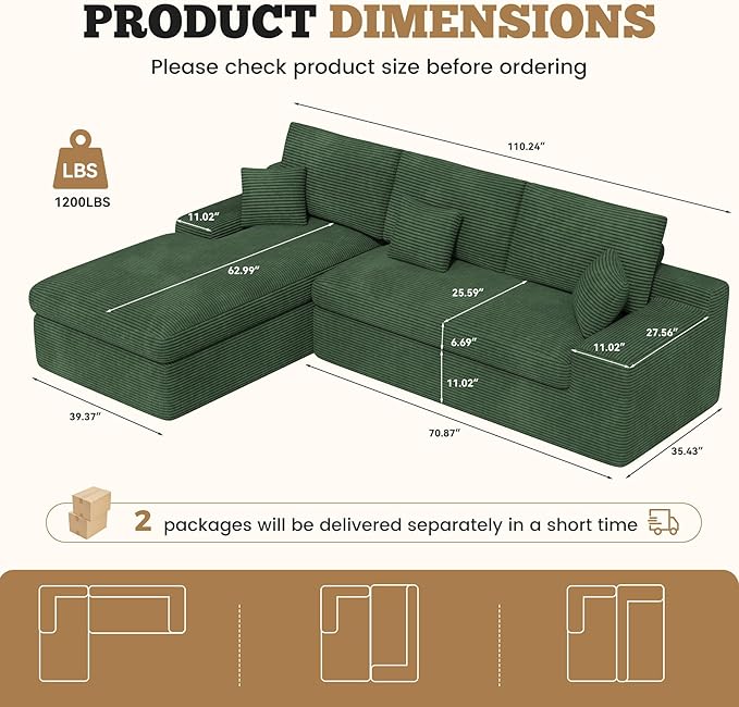 112 Modular Sectional Sofa for Living Room Convertible L-Shape Couch with OttomanCloud Boneless Couch with Layered CushionGreen Corduroy