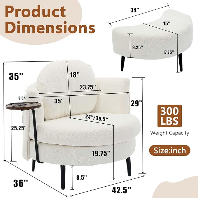 42.5 Single Sofa Chair Chaise Lounge with Movable Cresent-Shaped Footstool Removable Headrest &amp Wraparound Armrests One-Piece Side Table for Small Living Room (White)