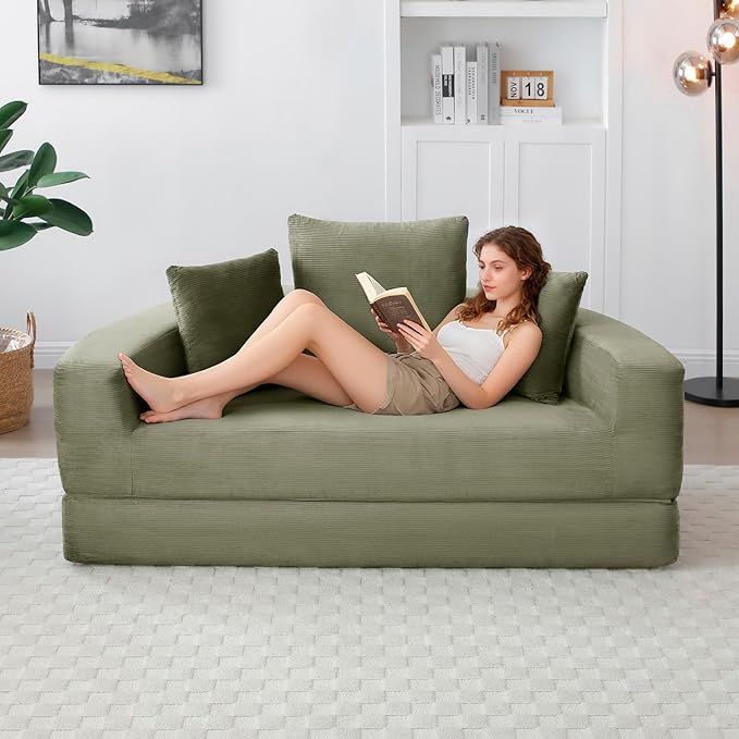 Folding Sofa Bed Corduroy Circular Boneless Couch No Assembly Convertible Sleeper Sofa with 3 Pillow Comfy Futon Sofa Bed for Apartment Office Bedroom Living Room Green