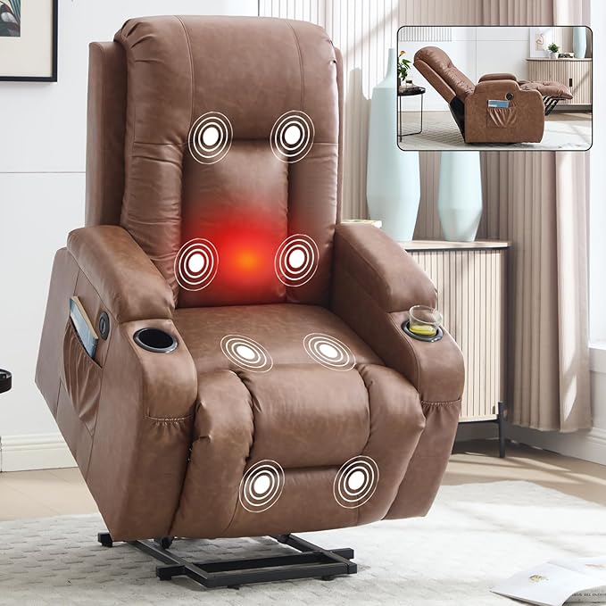 Power Lift Recliner Chair for Elderly with Infinite Position 350 LBS Capacity 8-Point Massage &amp Heating - Comfy Heavy Duty Motion Recliners Chairs for Living Room Small SpacesBrown