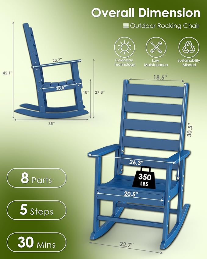 GREENVINES Outdoor-Rocking-Chair | HDPE Plastic | Patio Rockers | Porch Rocker Chairs | Shaker | Oversized | High Ladder Back | Big &amp Tall | PentaLuxe | Blue