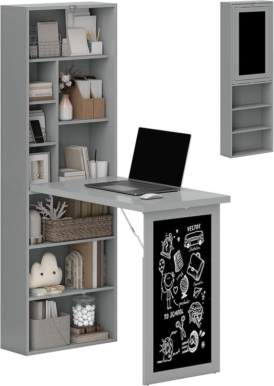 HOMCOM Fold-Out Convertible Writing Table Computer Desk with Blackboard and Side Shelf Multi-Function Home Office Workstation Charcoal Gray