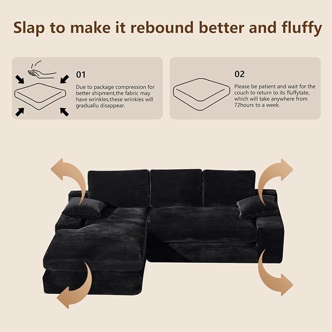 98.4 Black Sectional Sofa Cloud Modular Sectional Couch with ChaiseCorduroy Sectional Couches L-Shaped Modern Upholstered Sofa with Deep Seat for Living Room and BedroomNo Assembly Required(Black)