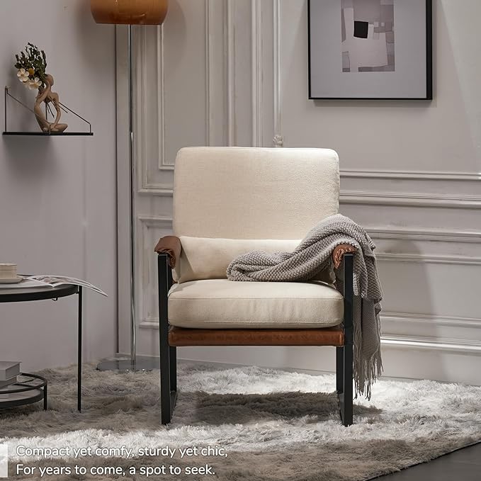 JOYBASE Modern Accent Chair Mid Century Modern Chair Armchair Metal Frame Comfy Reading Chair Lounge Arm Chair for Living Room Bedroom (Beige &amp Brown Linen)