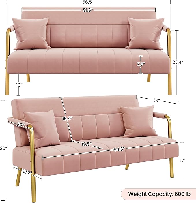 Yaheetech 56.5 W Modern Sofa Small Sofa Luxurious Velvet Fabric Couch with Gold-Tone Metal Arms and Legs for Living Room Home Office Studio Pink