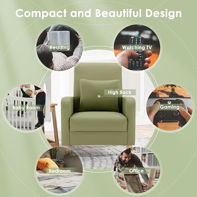 COLAMY Mid-Century Modern Upholstered Accent Chair with Back Pillow &amp Solid Wood Legs Leather Cozy Armchair for Living Room Bedroom Reading Nook Apartment &amp Small Spaces Green