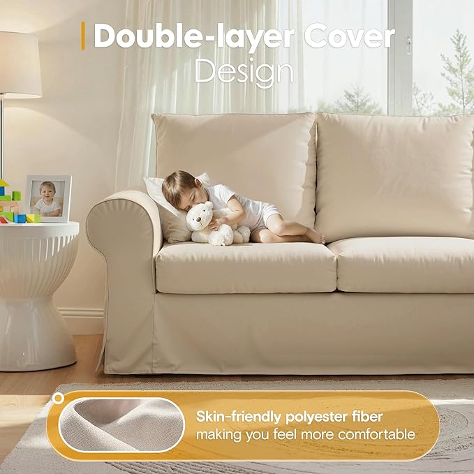 89 3 Seater Sofa for Living Room Deep Seated Comfy Couch High Back Suppor Removable Washable Couches Modern Farmhouse Rolled-Arm Sofas - Beige
