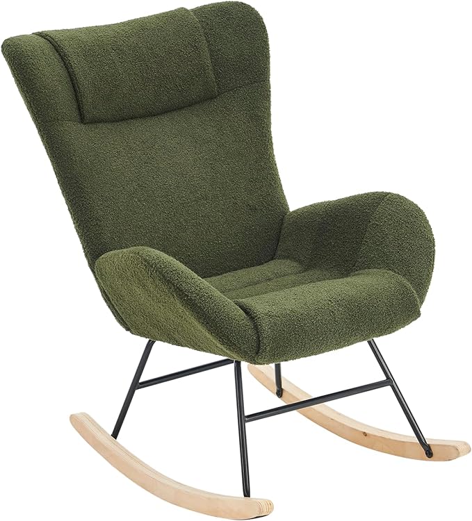 Rocking Chair Nursery Solid Wood Legs Reading Chair with Teddy Fabric Upholstered Nap Armchair for Living Rooms Bedrooms Offices Best GiftGreen Teddy Fabric