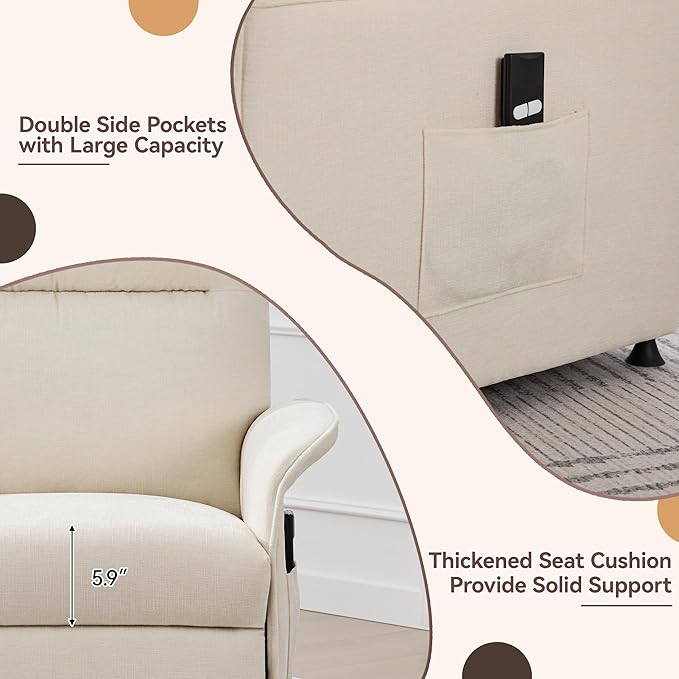 Power Recliner Chair for Adults Modern Reclining Single Sofa with Curved Armrest Comfy Ergonomics Electric Recliner with Side Pockets Adjustable Reading Chair for Living Room Bedroom Chenille Beige