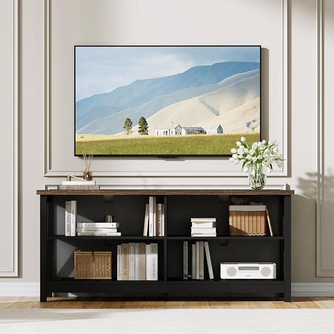 ChooChoo Farmhouse TV Stand for TVs up to 55 Inch Modern Entertainment Center with 4 Open Shelves &amp Built-in Cable Holes Media TV Console for Living Room Bedroom Black