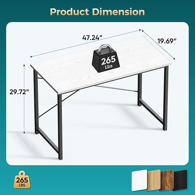 OLIXIS 47 Inch Computer Office Desk for Small Spaces Writing Gaming Work Desk Modern Study Table with Metal Frame Home Bedroom White