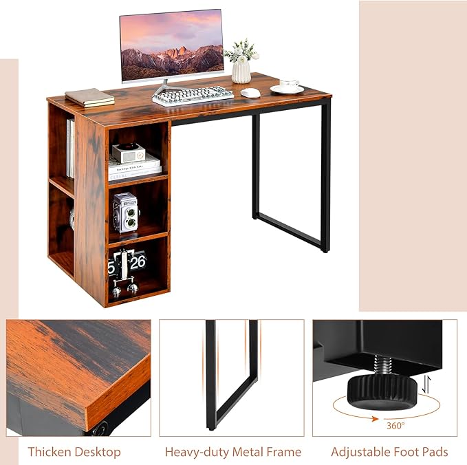 Computer Desk with Storage Writing Desk with 5 Open Shelves &amp Metal Frame Work Desk for Home Office Study Desk for Bedroom Small Desks for Small Spaces (Rustic Brown)