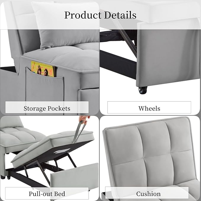 KEIKI Velvet Single Convertible Sleeper Chair Sofa Bed with Adjustable Backrest Pillows &amp Storage Pockets 3 in 1 Pull-Out Couch Chaise Lounge Recliner for Living Room Balcony Bedroom Grey