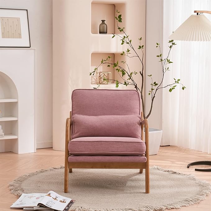i-POOK Accent Chair Mid-Century Linen Fabric Upholstered Armchair with Pillow and Back Cushion Comfy Single Sofa Chair with Solid Wood Legs Reading Chair for Living Room Bedroom Office Pink
