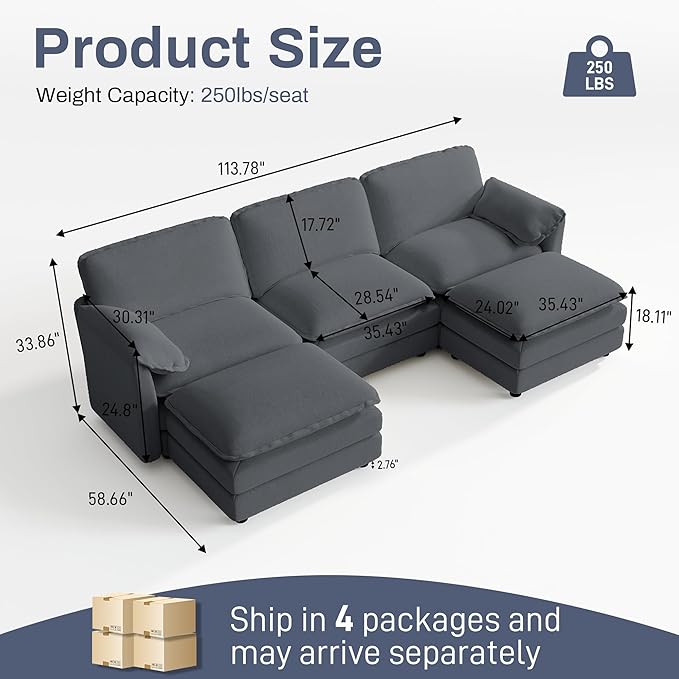 113.7 U Shaped Cloud Couch Sectional for Living Room Modern Modular Deep Seat Sofa with Movable Ottoman Comfy Fluffy Chenille Sectional Sofa Set Grey