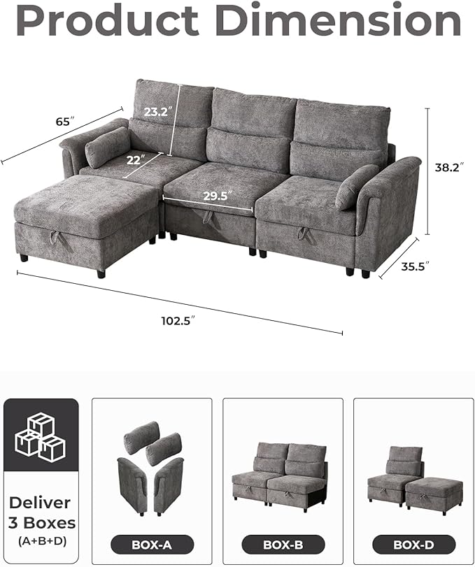 103'' L Shaped Couch Cloud Modular Sectional Sofa with Storage Extra Deep Seat Modern Chenille Sofa with Chaise Throw Pillows 4 Seat Convertible Sectional Couches for Living Room Grey
