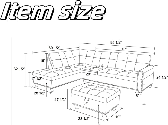 L Shaped Sectional Couch with Ottoman Modern Lounge Modular Sectional Sofa with Cup Holder Nail-Head Design L Shaped Couch for Living Room Bedroom Gray
