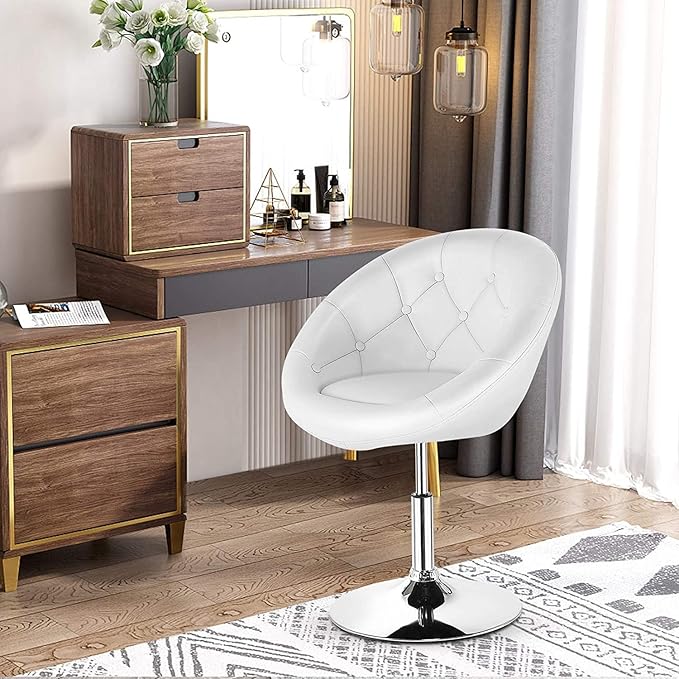 LDAILY LUARANE Modern Vanity Chair Height Adjustable PU Leather Accent Chair with Metal Frame Round Tufted Back Tilt Swivel Makeup Chair for Living Room Bedroom Lounge Pub White (1)