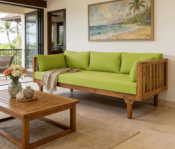 Merax Solid Acacia Wood Couch Chaise Lounge Chair Indoor 3 Seater Daybed Sofa Couches with Cushions &amp Pillow Heavy Frame Day Bed for Living Room Office Outdoor Balcony Patio Water Resistant